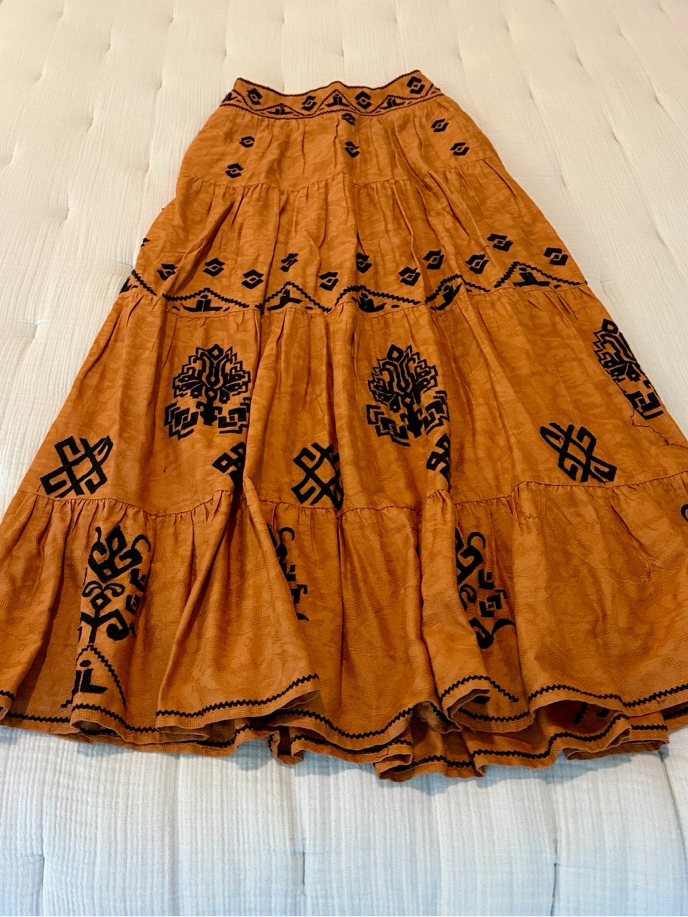 Anthropologie Burnt Orange Maxi Skirt with Black Embroidery